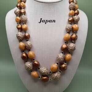 Vintage Japan Taupe Art Bead Necklace, Two Strands, 1950s, 23 Inches